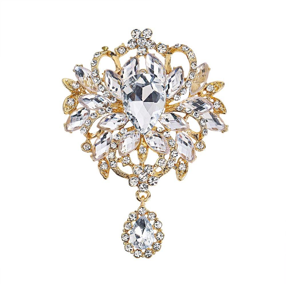 Multicolor Rhinestone Brooch Water-drop Dangle Brooch Vintage Crystal Brooch Evening Gown