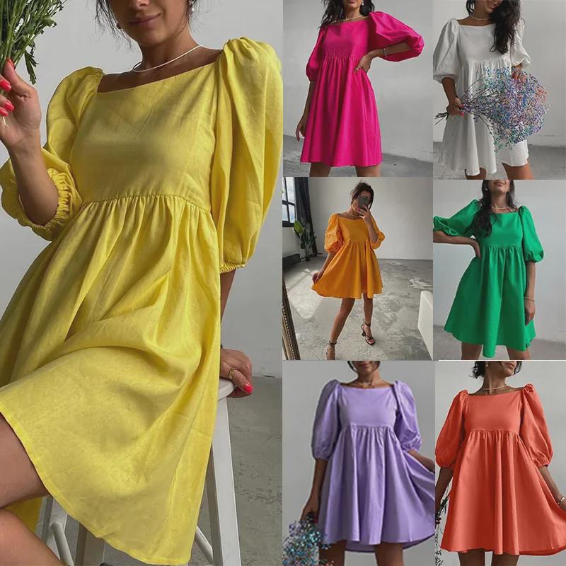 Однотонное мини-платье с рукавами-фонариками: Квадратный вырез на одно плечо в семи весенне-летних цветах