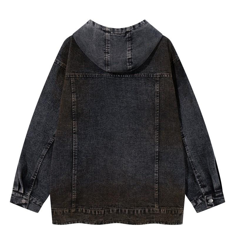 Unisex Oversized Hooded Sweatshirt With Distressed Embroidery Washed Denim Style Streetwear Casual Winter Top