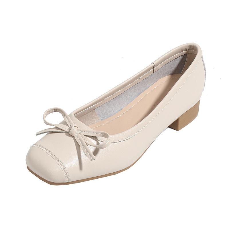 Французские толстые каблуки женские 2024 весна низкий каблук мелкий нос квадратный нос мягкая кожа большие женские туфли