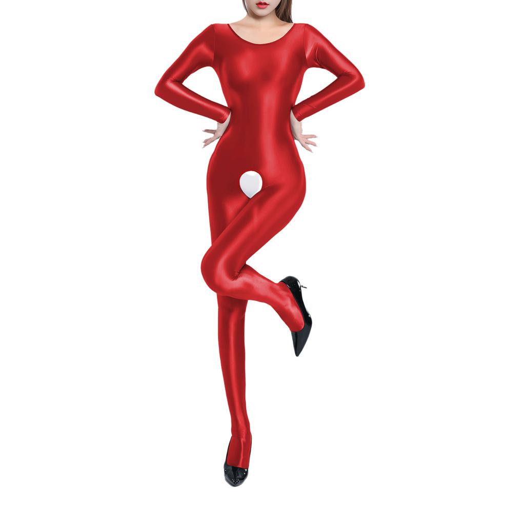Женский блестящий комбинезон-боди с глубоким вырезом, длинным рукавом и полной длиной