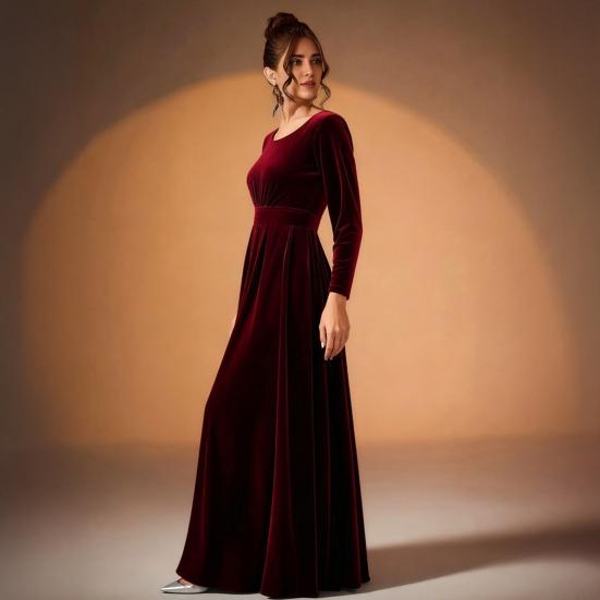 Женское бархатное платье макси, повседневное, с круглым вырезом, длинными рукавами, А-силуэта, платье-свинг, осеннее, для коктейльной вечеринки, формальное платье для гостьи на свадьбе