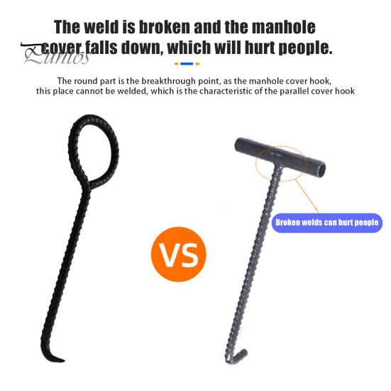 Manhole Cover Hook 30cm 40cm 50cm Non-slip Drain Cover Pry Bar Sharp Tip Strong Load-bearing Rebar Round Handle Sewer Lids Crowbar Lifter for
