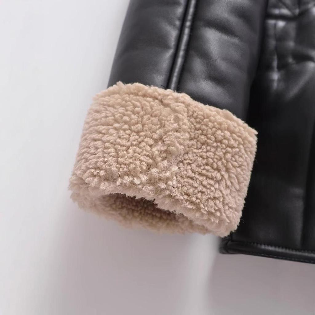 European & American Style Autumn/Winter Color Block Leather & Fur Lapel Jacket - Women’s Casual Motorcycle Coat