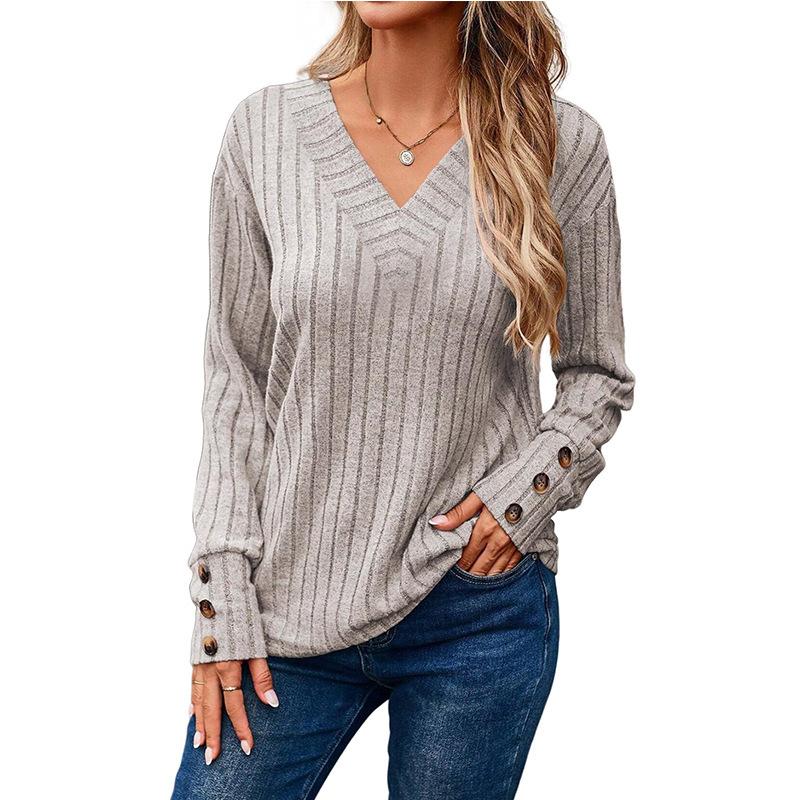 New Autumn and Winter Women's Long-sleeved V-neck Shirt Solid Color Button T-shirt