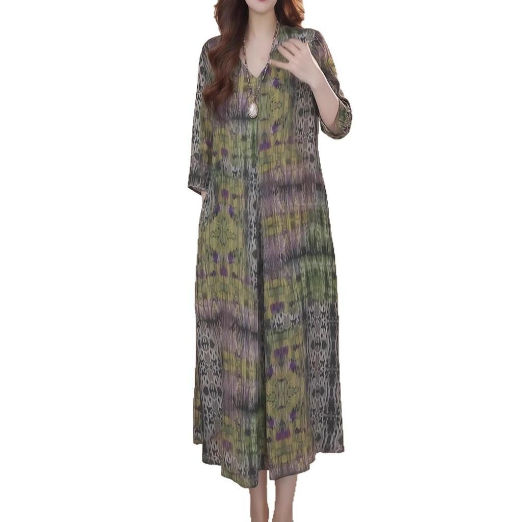 Высокороскошное темпераментное женское платье с принтом и V-образным вырезом, новое свободное и тонкое повседневное модное платье лета 2025 года
