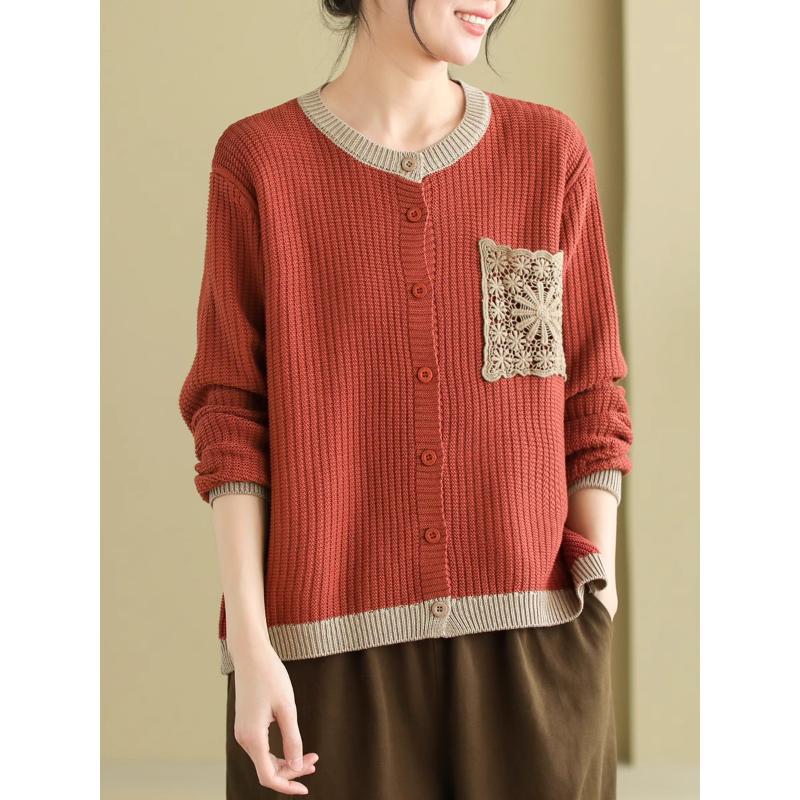 Художественный ретро женский вязаный свитер однобортный контрастный цвет круглый вырез женский кардиган свитер