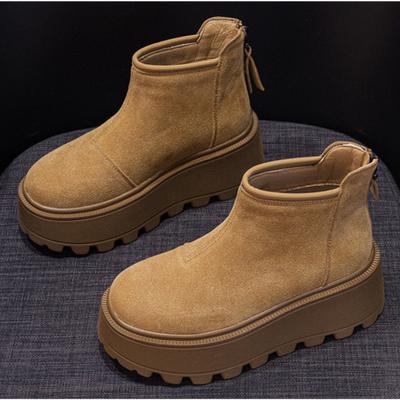 Зимние ботинки женские 2025 года, повседневная мода, универсальные, низкие, теплые, короткие, женские ботинки с молнией сзади, коричневые туфли на платформе