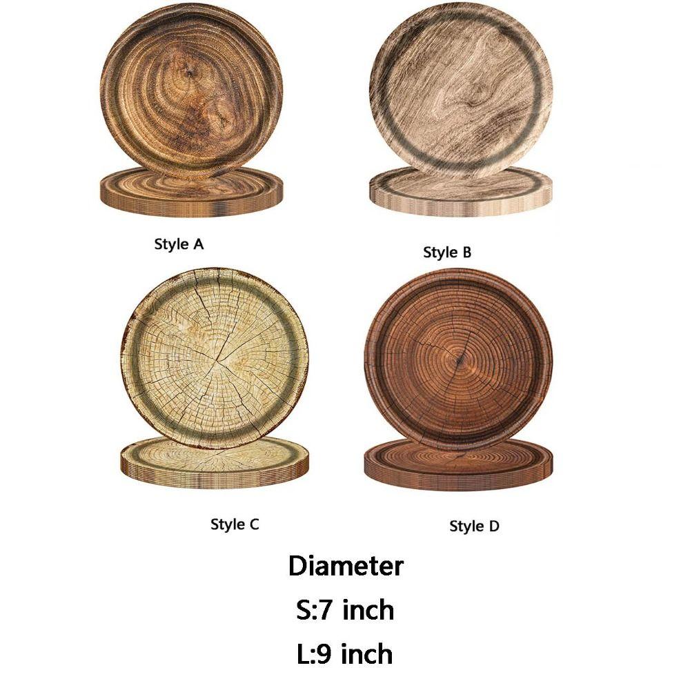 10pcs Round Imitation Wood Grain Disposable Plate Vintage Paper Food Tray Disposable Dish Picnic