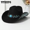 Элегантная женская фетровая ковбойская шляпа с бирюзовым камнем и вышитым поясом — идеальный вариант для танцевальных вечеринок, выпускных и праздничных мероприятий.