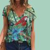 Женский топ с v-образным вырезом и короткими рукавами с принтом попугая, свободная футболка, повседневная рубашка