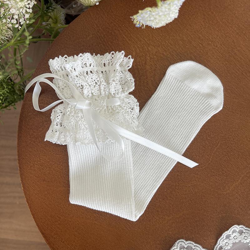 1 Pair Sweet Lace Bow Ribbon Kids Girl Sock Elegant Fashion Princess Ruffle Sock for Children Spring Summer Soft Cotton Sock