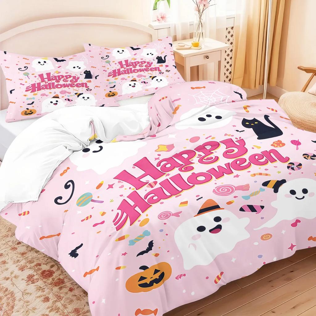 Pink Ghost Pattern Duvet Cover Set 3pcs Halloween 1 Duvet Cover+2 Pillowcases No Core. Soft and Comfortable Bedding Set