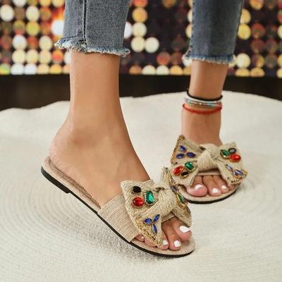 Мода 2024 года, горячая распродажа обуви, женские летние тапочки, однотонные, с бабочкой-узлом, бриллиантами, с открытым носком, на низком каблуке, пляжные тапочки