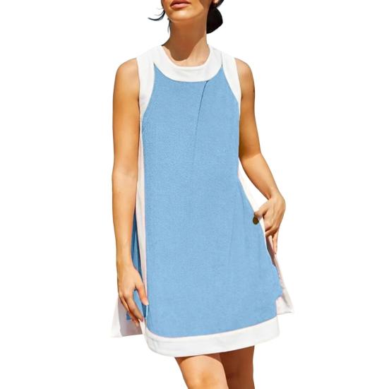 Комплект из двух вещей для женщин Летние наряды в стиле бохо с цветными блоками Без рукавов Круглый вырез Разрез сбоку Мини-платье Повседневные комплекты с шортами для отдыха