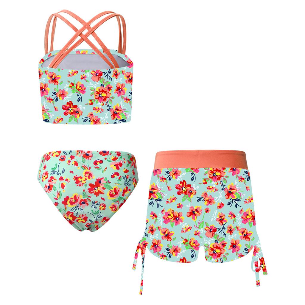 Бикини с шортами. Комплект для девочек. Топ-танкини. Шорты для плавания. Гавайский купальник из трех предметов. Спортивный бюстгальтер-кроссовер. Низ бикини.
