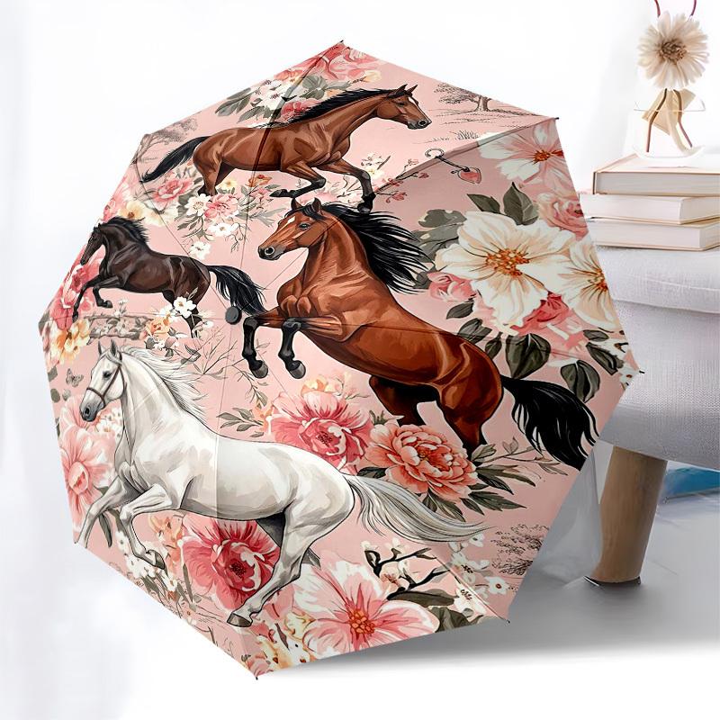1PC Horses Floral Umbrella-8-Rib Reinforced, Automatic Open, Lightweight & Durable, Fashion Accessory for Outdoor, Beach L0386