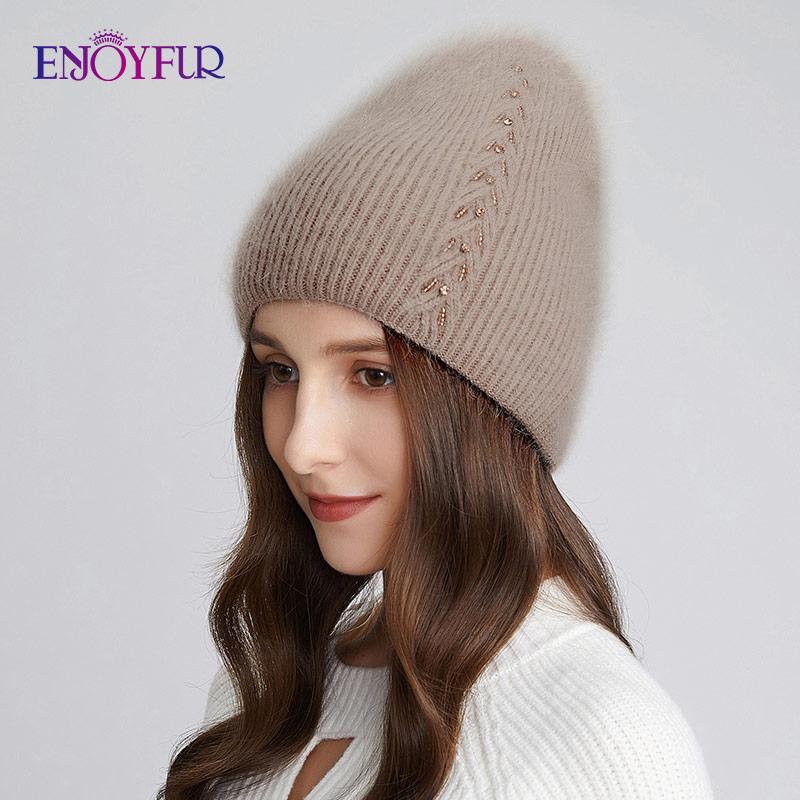 Мягкая шапка ENJOYFUR, теплые зимние женские шапки, мягкая ангорская шерсть, вязаная шапка-бини, толстая двойная подкладка, повседневные шапки в русском стиле с черепом