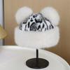 Winter Hat Retro Style Leopard Print Plush Trim Windproof Hat Bear Ear Decor Thickened Warm Women Hat