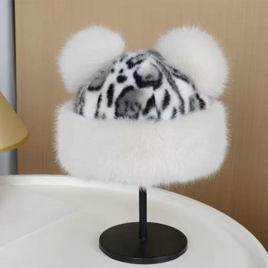 Winter Hat Retro Style Leopard Print Plush Trim Windproof Hat Bear Ear Decor Thickened Warm Women Hat