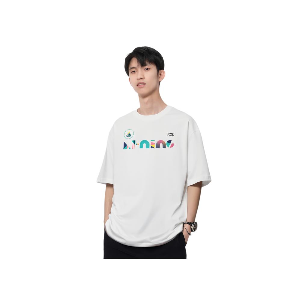 Футболка Li Ning Sports Trend Series с принтом в виде букв и круглым вырезом, удобная, дышащая, с коротким рукавом, унисекс, топы белого цвета AHSUC29-1