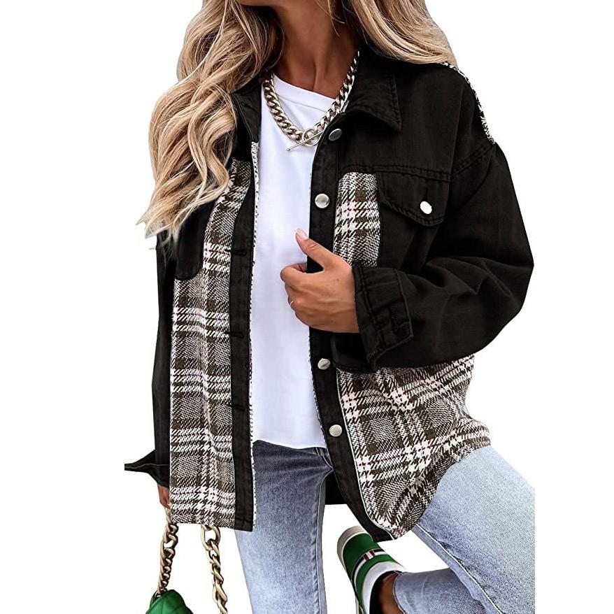 Женская куртка Джинсовая куртка с длинным рукавом в клетку Рубашка на пуговицах Куртка Топ