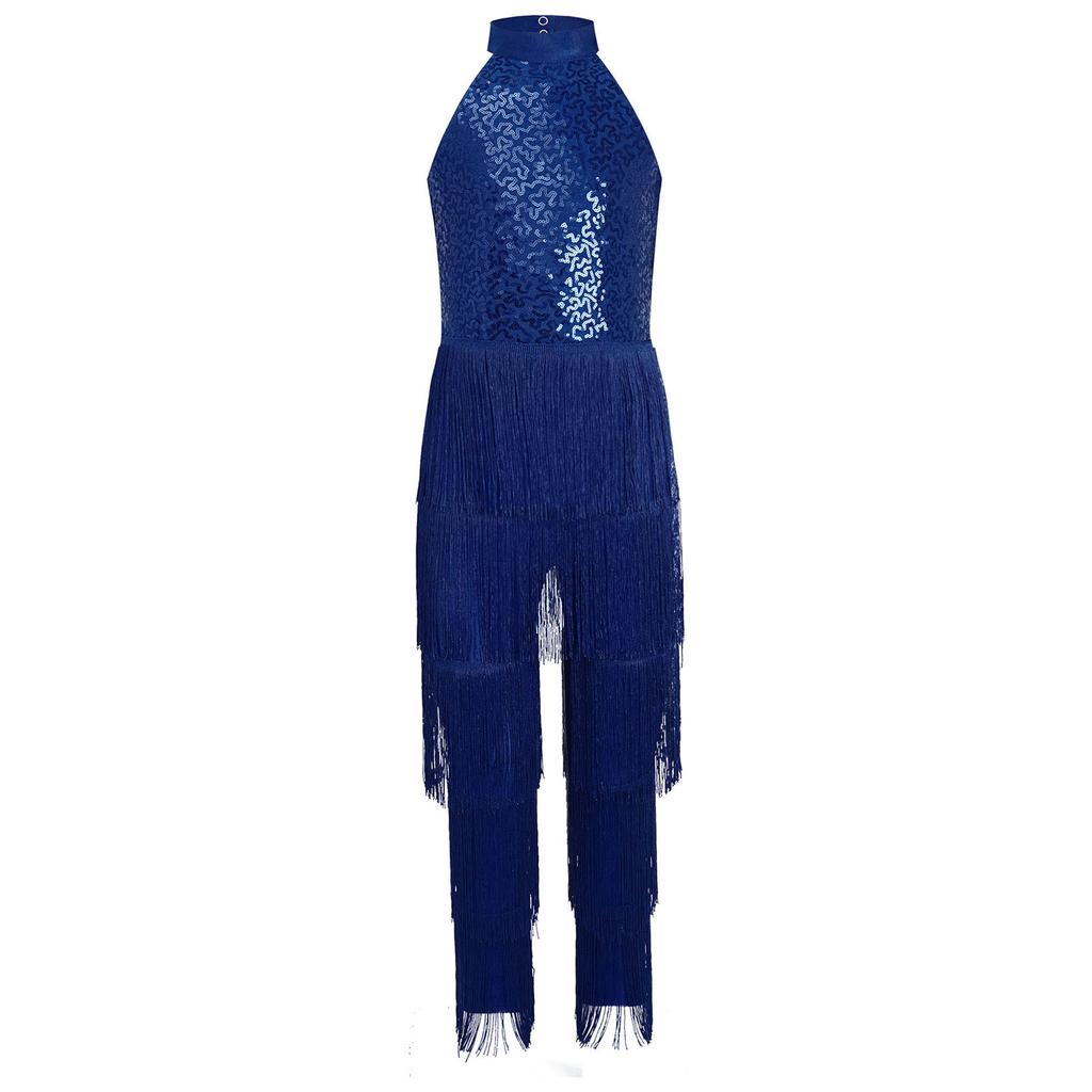 Girls Halter Sleeveless Backless Sequin Tiered Tassel Dance Jumpsuit Cha cha Latin Costume
