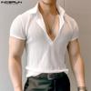 Summer Men V Neck Lapel Collar Mesh Shirts See Through Tops