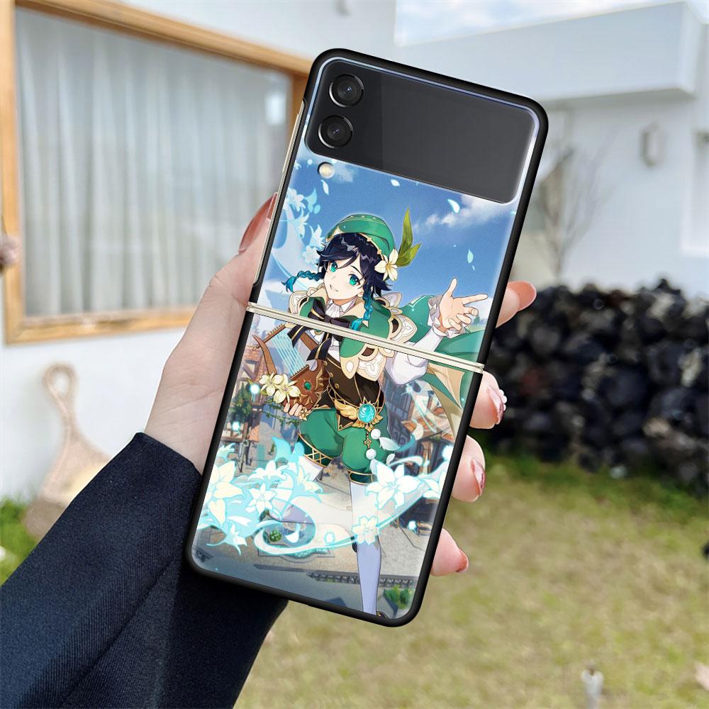 Роскошный чехол для Samsung Galaxy Z Flip 4 3 5G, черный ПК, жесткие чехлы для телефонов, модная задняя крышка ZFlip Funda Game Genshin Impact Shell