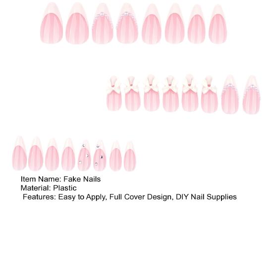 24Pcs Nude Pink Press on Nails, White Bow Faux Pearl Glue on False Nails, Almond French Tip Stick-on Fake Nails Decoration