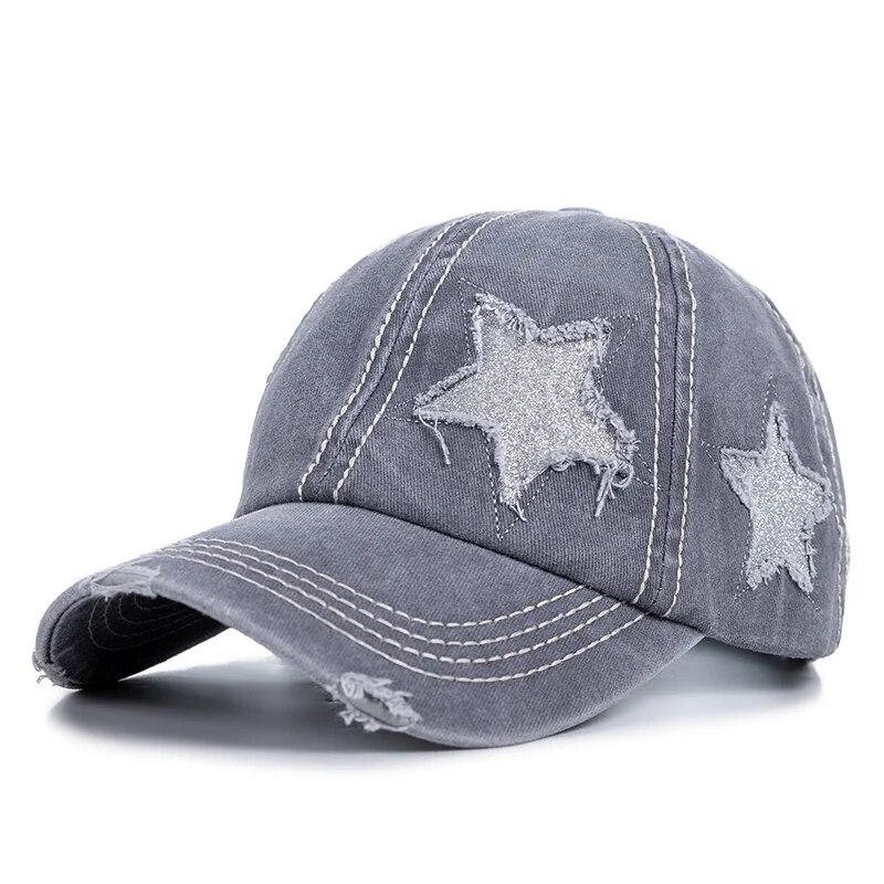 New Fashion Women Ponytail Cap Sequins 5-Point Star Hole Design Baseball Cap Female Washed Cotton Streetwear Hats