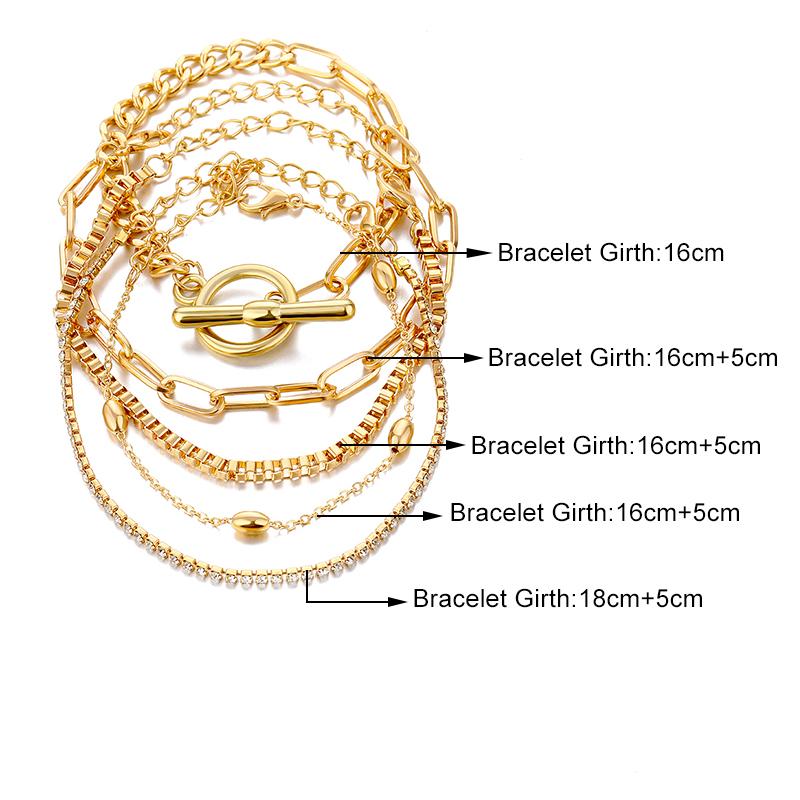 5 Pcs/Set Punk Gold Zircon Thick Chain Bracelet Female Bohemian Geometric Chain OT Buckle Bracelet Set Jewelry Girl Party Gift