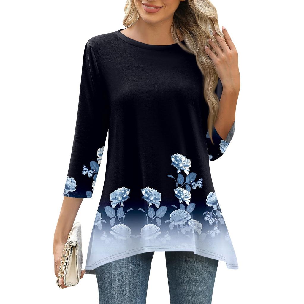 3/4 Sleeve Tunic Tops For Women Printed Daily Weekend Loose Fit Fashion Basic Round Neck T Shirt