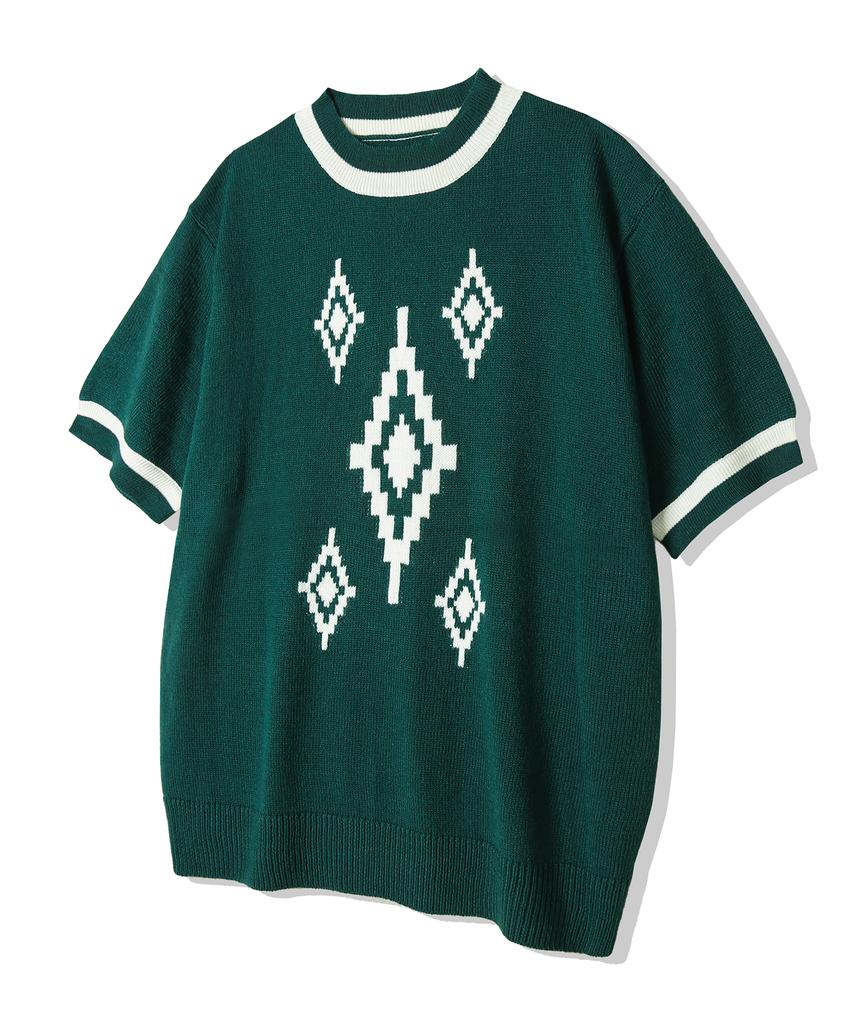 KND Navajo Pattern Loose Fit Ringer Half Knit Peacock Green