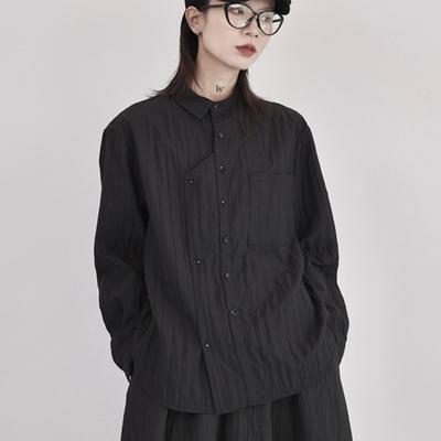 Осенняя повседневная мода Необычная текстура пуговиц Дизайн в рубчик Рубашка Женская Простые тисненые Свободные рубашки