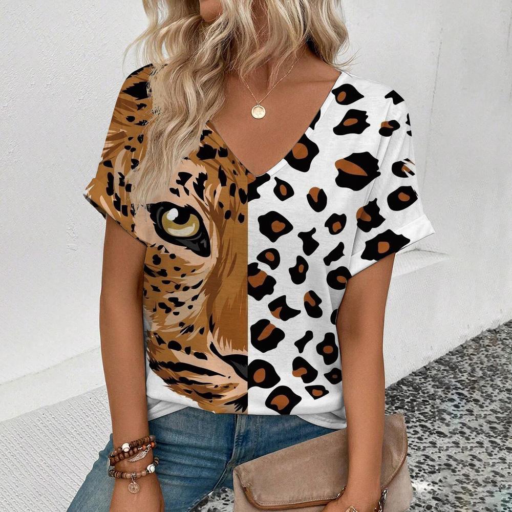 Летний повседневный топ с V-образным вырезом, элегантный и удобный, с короткими рукавами, женская модная трендовая футболка с цветочным принтом