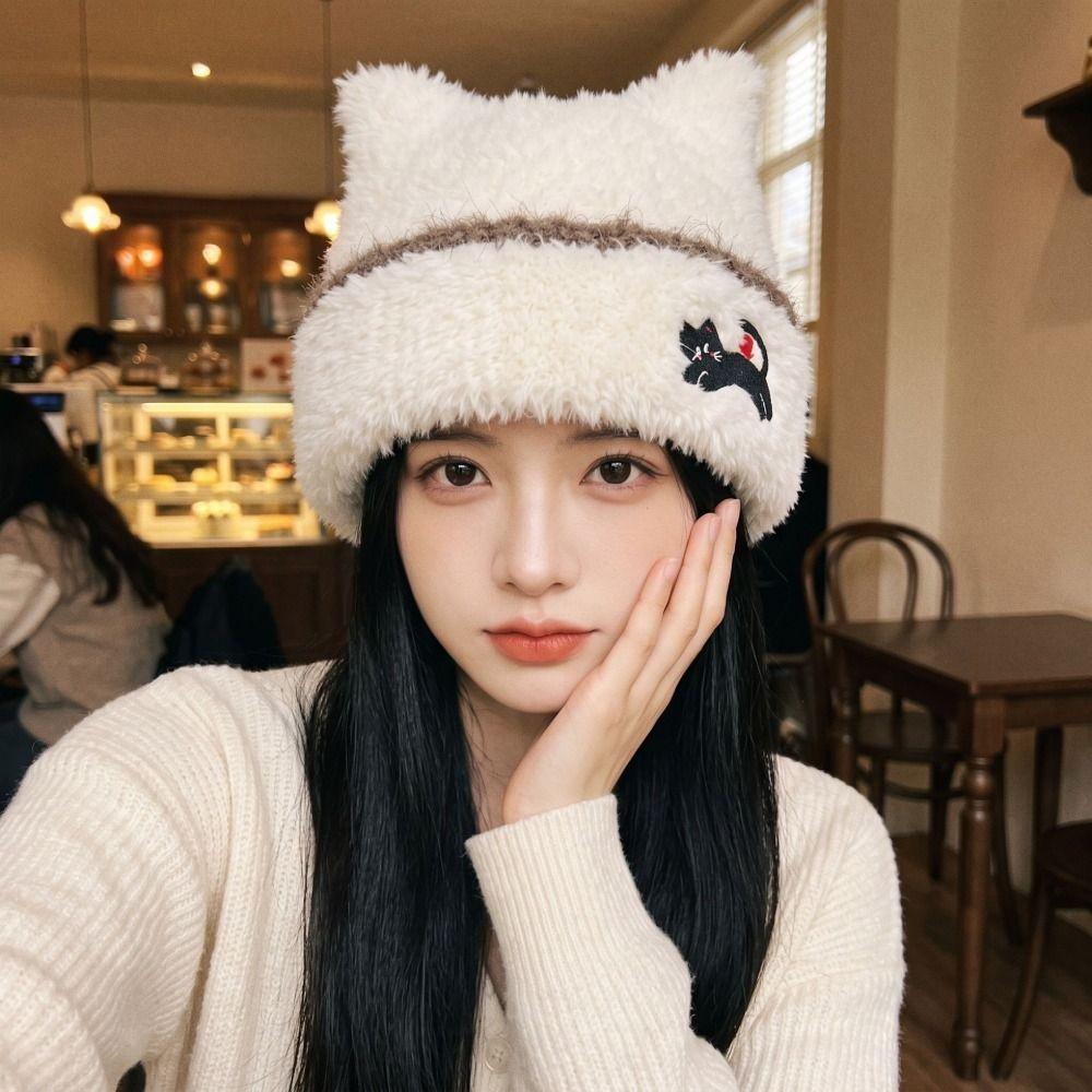 Cold Proof Plush Knit Hat Warm Cat Ear Hat Soft Fall Winter Skull Cap For Women
