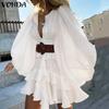 Women Fashion Solid Color Round Neck Ruffle Long Sleeve Dresses