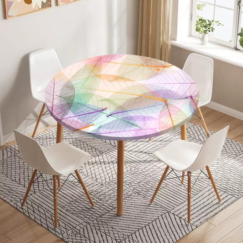 Skeleton Leaves Round Fitted Tablecloth Waterproof Dining Table Decoration Accessories Classic Pattern Table Cover Kitchen Decor