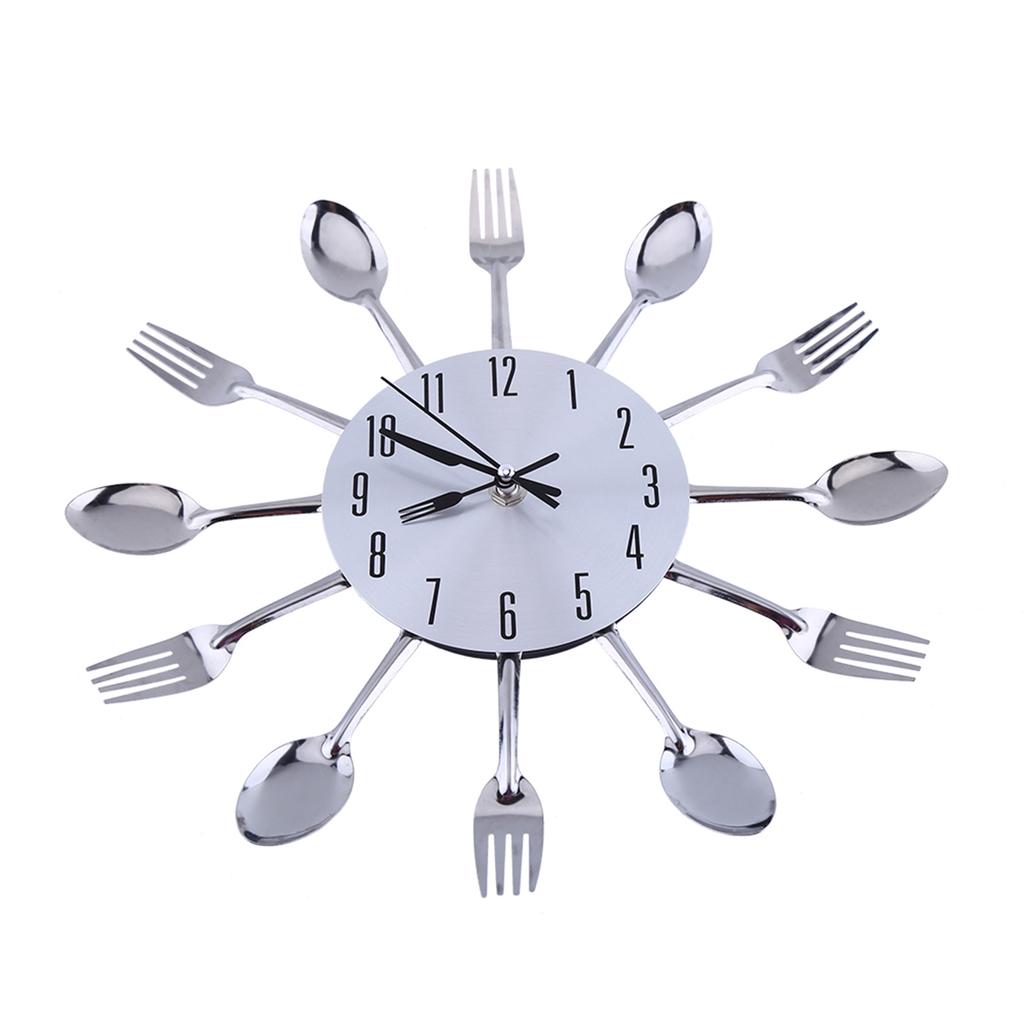 Большая 3D зеркальная поверхность серебряный современный дизайн столовые приборы кухонная утварь ложка вилка настенные часы своими руками