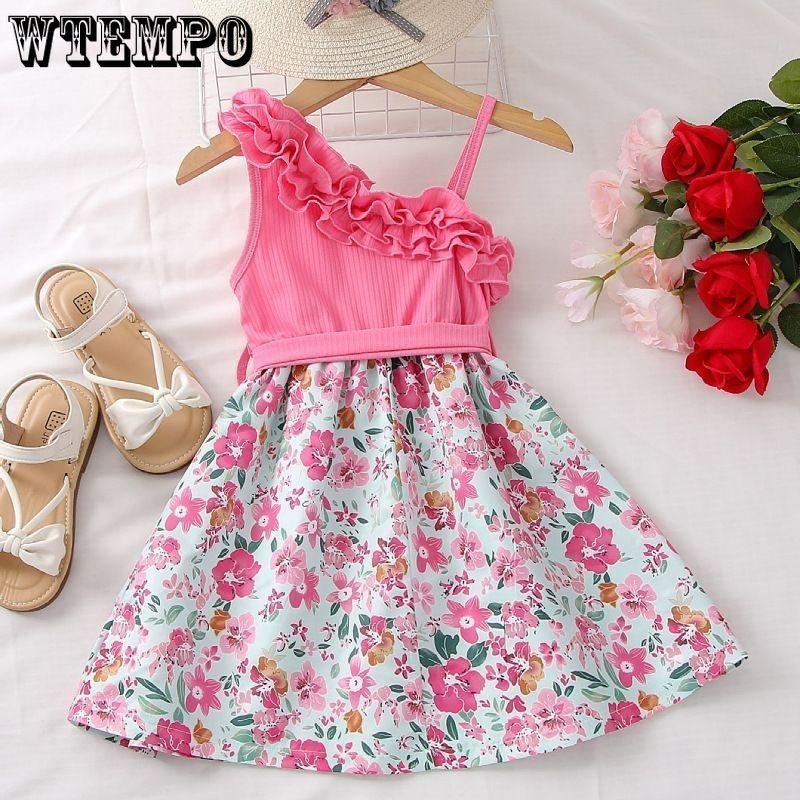 Летнее платье для девочек с цветочным принтом в стиле принцессы, платье с покатыми плечами и подтяжками, стильное детское платье принцессы