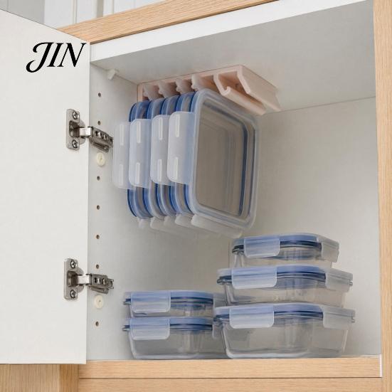 Crisper Seal Lid Holder Storage Rack, with 5-Slot Partition, Adhesive Wall Mount Anti-Mold Fresh-keeping Box Rack Hanger, Space Saving Organizer