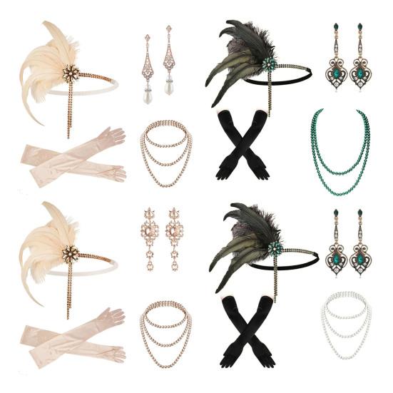 1920s Jewelry Set Headband Gloves Earrings Set Sparkling Earrings Headwear with Sequins Beads Role-Playing Accessories