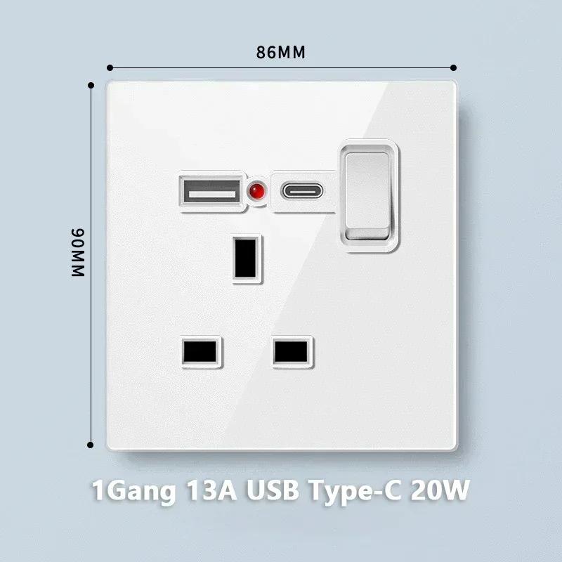 Universal Tempered Glass 20W Quick Charge USB Type-c Wall Dual 3pin Socket panel,UK 13A Wall 220V 2Way Light Switch Power Outlet