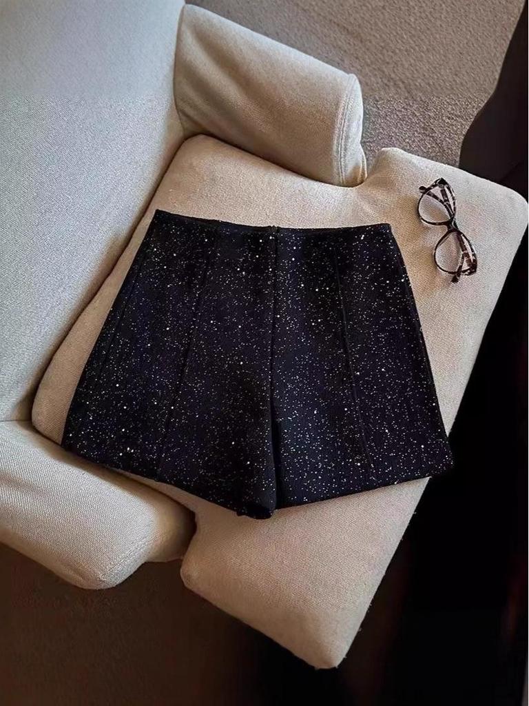 Women's Black Wool A-Line Shorts - 2024 Autumn/Winter Casual Wide-Leg Style