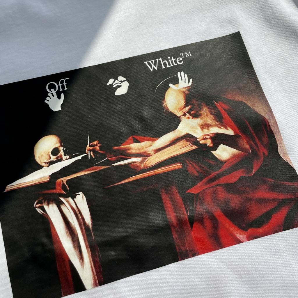 Off-White Лето 2025 года, новинка, классическая религиозная картина маслом Караваджо с принтом стрелы, классическая футболка с короткими рукавами для мужчин и женщин