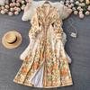 Women's Court Style Retro Printing Long-sleeved Waist Thin V-neck Dress Single-breasted Large Swing Long Dress