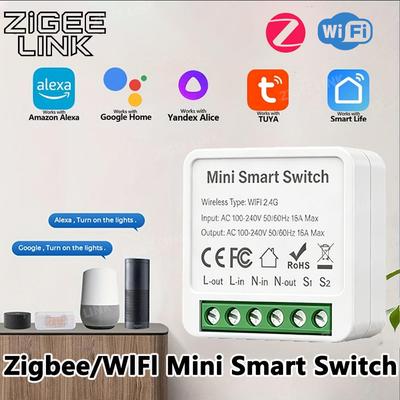 Мини умный модуль переключателя 16А/20А Tuya WiFi ZigBee, реле-автомат для DIY, двухстороннее управление с помощью приложения, пульт ДУ и голосовое управление, работает с Alexa, Google Home, автоматизация