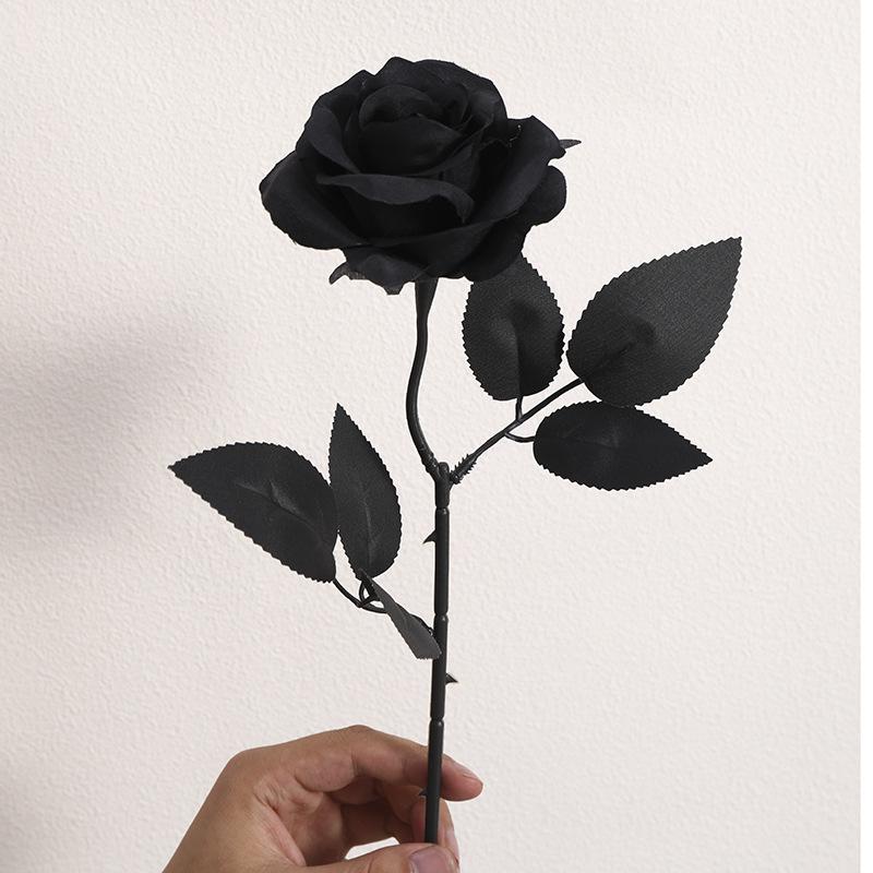1PC Pure Black Single Rose Halloween Ghost Festival Horror Gothic Style Dark Bouquet Series Decoration Home Garden Room Decor
