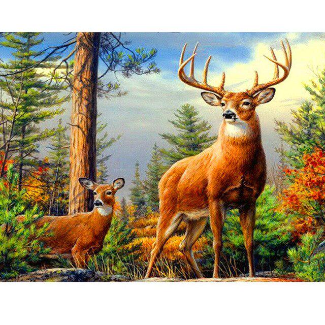 Вышивка крестиком олени, лани в разное время года лето/осень/зима/весна